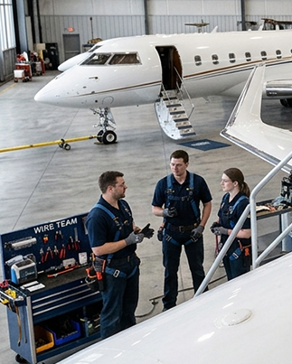 Técnicos em um hangar com uma aeronave