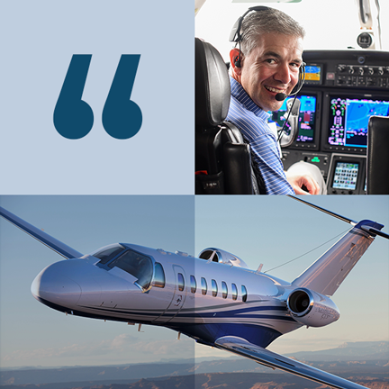 Grid of images, quote icon, pilot, and airplane