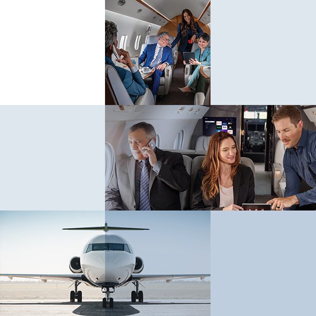 Imagem em mosaico de aeronave e passageiros.