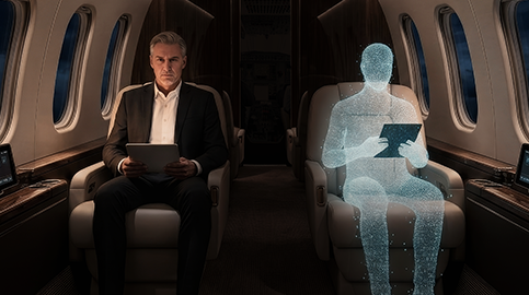 Homem com iPad sentado ao lado de pessoa digital na cabine