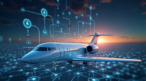 Private jet on digital grid and sunrise on horizon