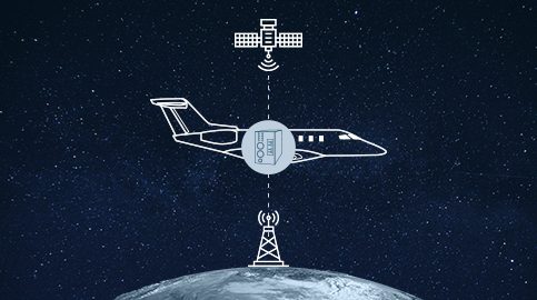 Ground antenna, plane and satellite on earth and space background