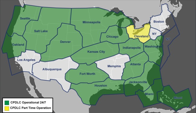Map of US with CPDLC Service Areas Highlighted