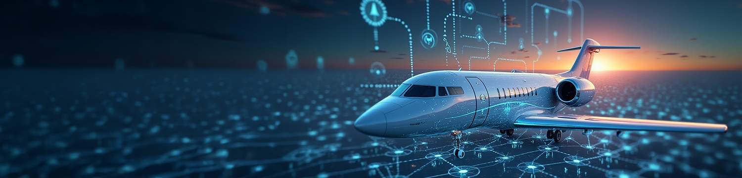 Private jet on digital grid and sunrise on horizon Private jet on digital grid and sunrise on horizon