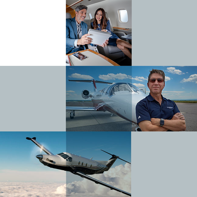 Grid with airplane photos, in cabin, on runway, in air
